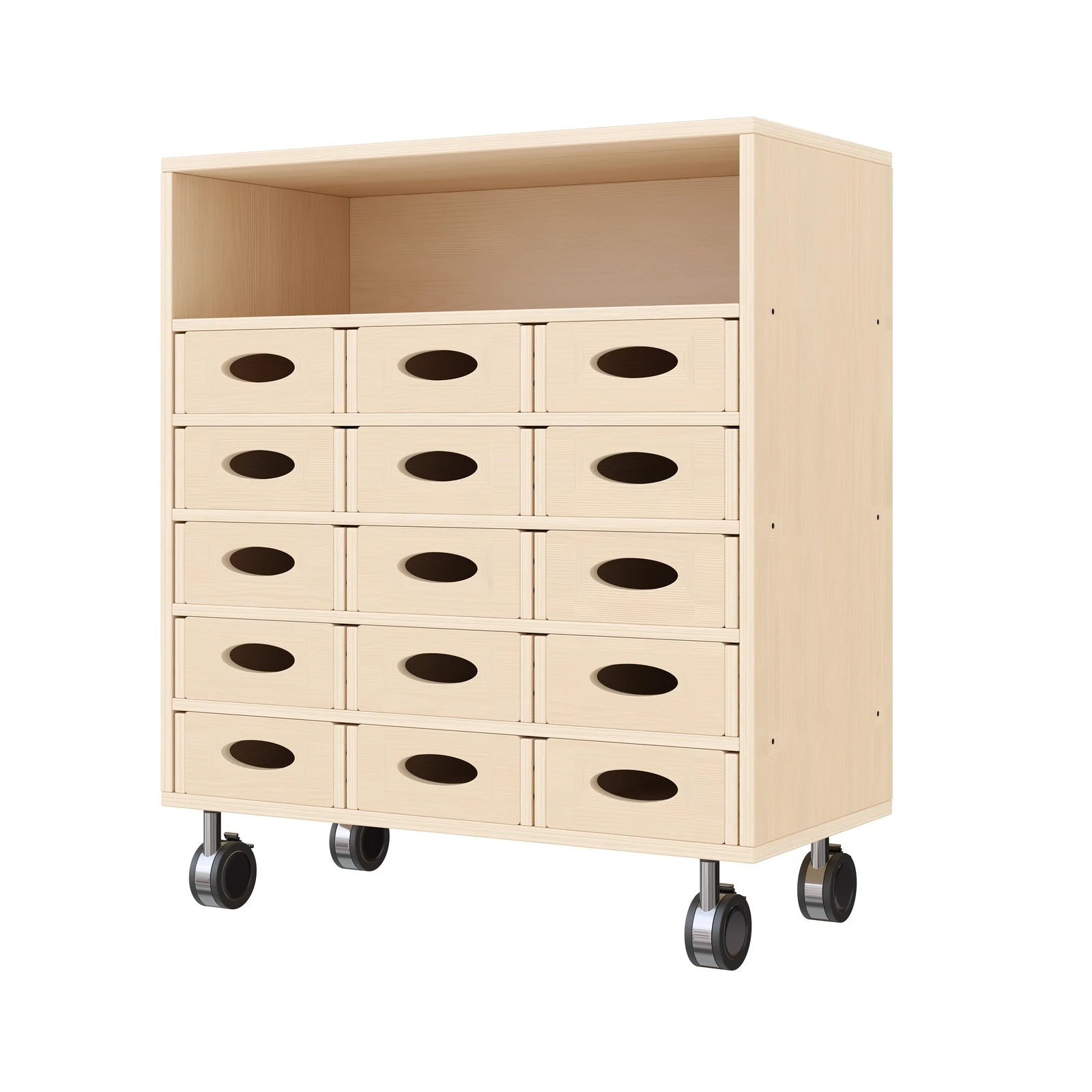 Armoire à Rayonnages 79-80, 15 Bacs Matériel (avec roulettes équipées de freins de stationnement) – KB1-DG25214-30-R_01