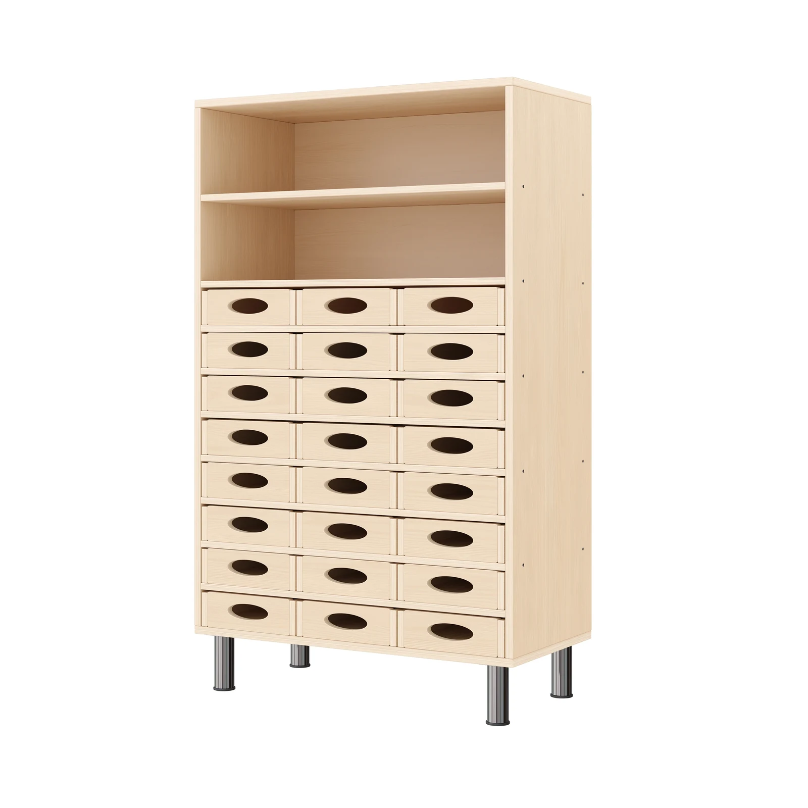 Armoire à Rayonnages 120-80, 24 Bacs Matériel (avec pieds de socle réglables) – KB1-DG25229-30-MF_01